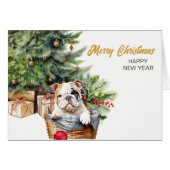 Bulldog Puppy Rieten Mand Kerstmis (Voorkant Horizontaal)