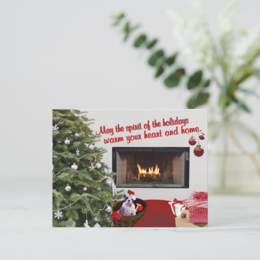 Bulldog Puppy Warme open haard Scene Kerst Wens Feestdagenkaart (Staand voorkant)