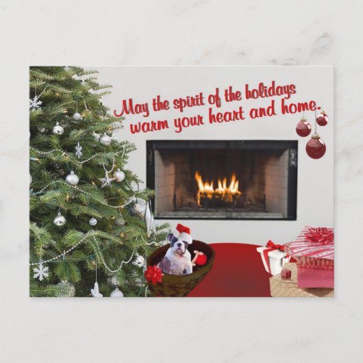 Bulldog Puppy Warme open haard Scene Kerst Wens Feestdagenkaart (Voorkant)