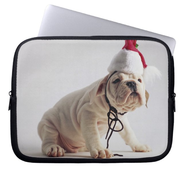 Bulldog Puppy Wearing Santa Hat Laptop Sleeve (Voorkant)