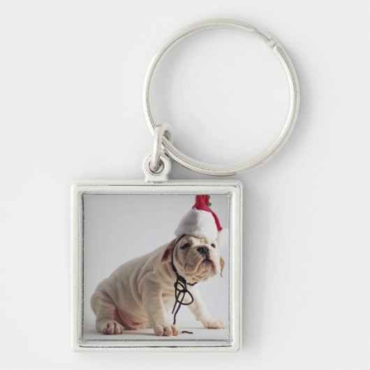 Bulldog Puppy Wearing Santa Hat Sleutelhanger (Voorkant)