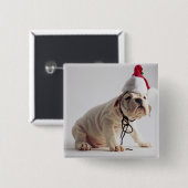 Bulldog Puppy Wearing Santa Hat Vierkante Button 5,1 Cm (Voorkant /achterkant)