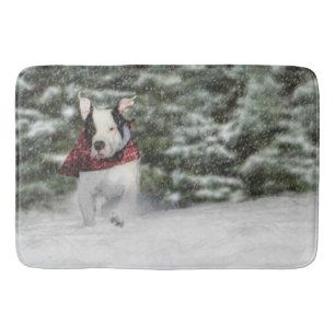 Bulldog Rescue Pup Dashing through the Snow Badmat