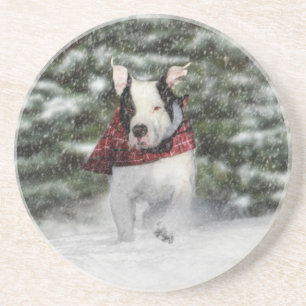 Bulldog Rescue Pup Dashing through the Snow Zandsteen Onderzetter