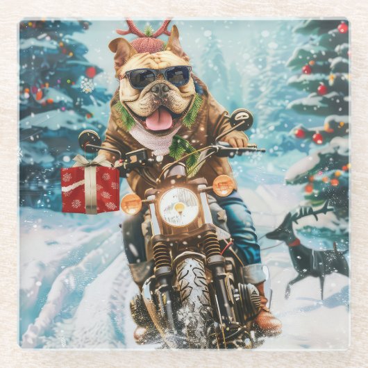 Bulldog rijden motorfiets kerst glazen onderzetter (Voorkant)