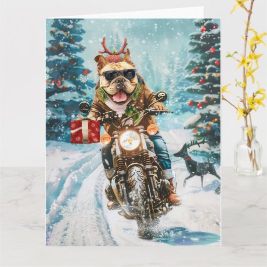 Bulldog rijden motorfiets kerst kaart (Gele Bloem)