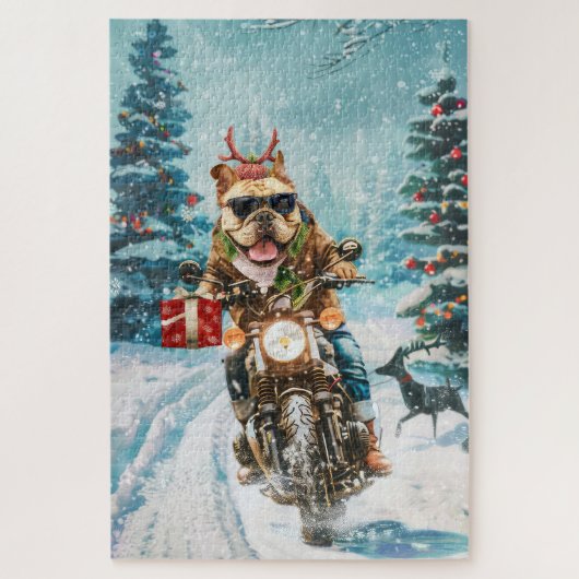 Bulldog rijden motorfiets kerst legpuzzel (Verticaal)