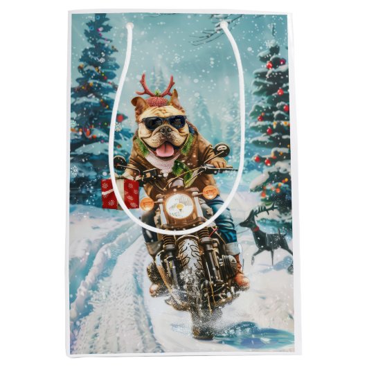 Bulldog rijden motorfiets kerst medium cadeauzakje (Voorkant)