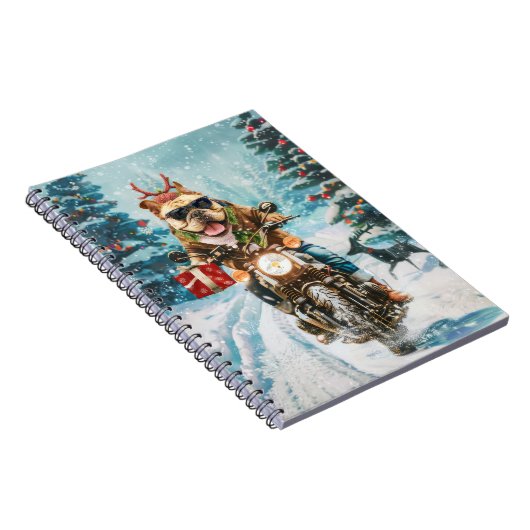 Bulldog rijden motorfiets kerst notitieboek (Rechterzijde)