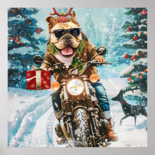 Bulldog rijden motorfiets kerst poster (Voorkant)
