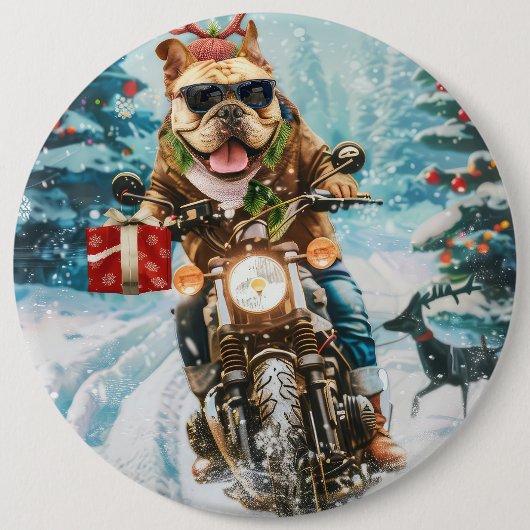 Bulldog rijden motorfiets kerst ronde button 6,0 cm (Voorkant)