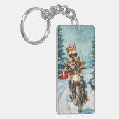 Bulldog rijden motorfiets kerst sleutelhanger (Voorkant Links)