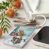 Bulldog rijden motorfiets kerst sleutelhanger (Voorkant Rechts)