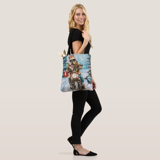 Bulldog rijden motorfiets kerst tote bag (Op model)