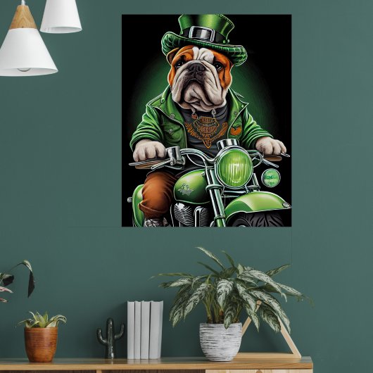 Bulldog rijdt fiets St. Patrick's Day Poster (Woonkamer 1)