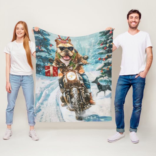Bulldog Rijdt op Motorfiets Kerstmis Fleece Deken (In situ)