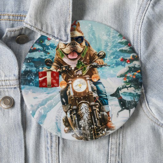Bulldog Rijdt op Motorfiets Kerstmis Ronde Button 6,0 Cm (In situ)