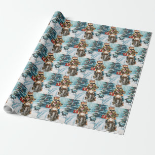 Bulldog rijdt op motorfiets met Kerstmis Cadeaupapier