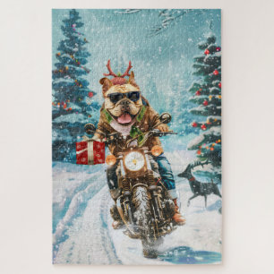 Bulldog rijdt op motorfiets met Kerstmis Legpuzzel