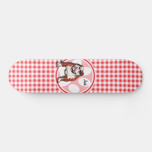 Bulldog; rode en witte gingham persoonlijk skateboard (Horizontaal)