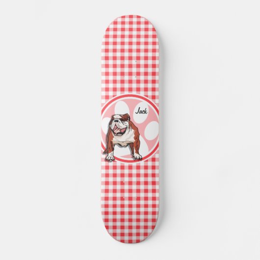 Bulldog; rode en witte gingham persoonlijk skateboard (Voorkant)