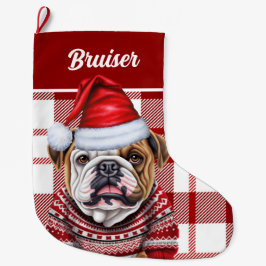 Bulldog rood en wit geplakt gepersonaliseerd grote kerstsok