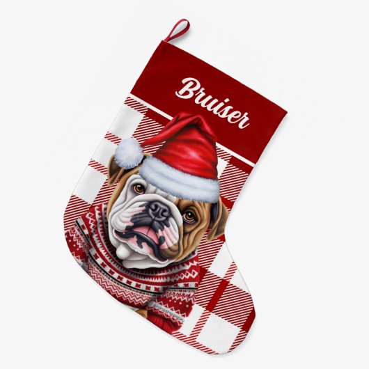 Bulldog rood en wit geplakt gepersonaliseerd grote kerstsok (Voorkant (Hangend))