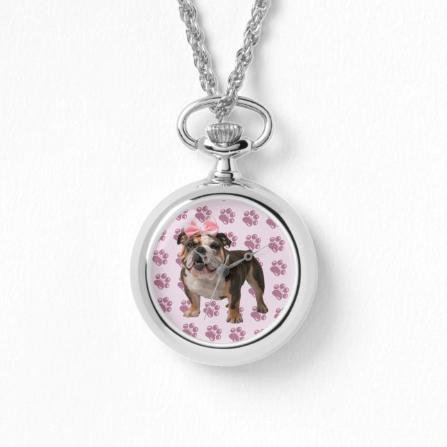Bulldog Roze Pootjes Zilver Ketting Horloge (Voorkant)