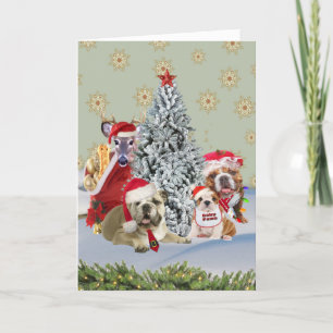 Bulldog Santa familie rond de kerstboom Feestdagen Kaart