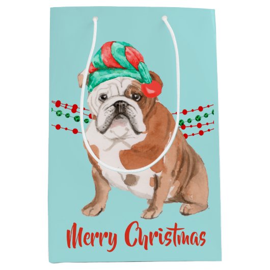 Bulldog Santa Hat Holiday String Beads Medium Cadeauzakje (Voorkant)