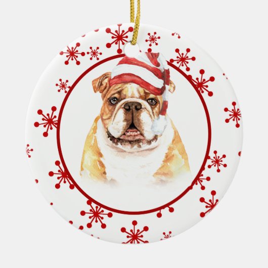Bulldog Santa Hat Red Snowflake Kerstmis Keramisch Ornament (Voorkant)