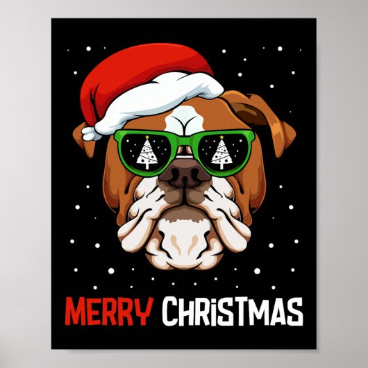 Bulldog Santa Hoed Kerstmis Pyjama Hond X-mas Boom Poster (Voorkant)