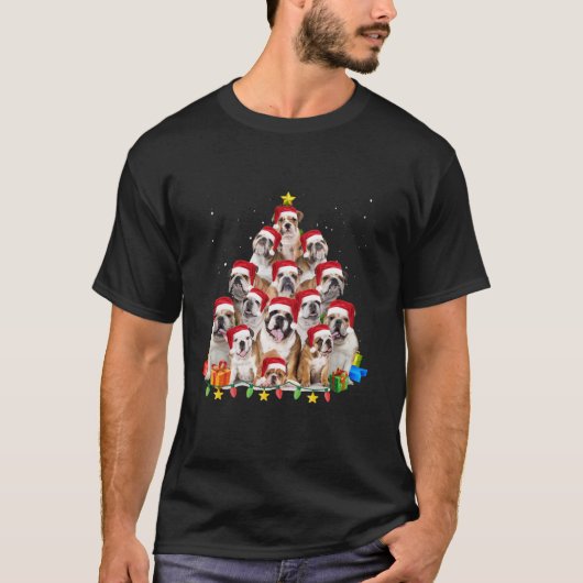 Bulldog Santa kerstboom verlichting jongens meisje T-shirt (Voorkant)