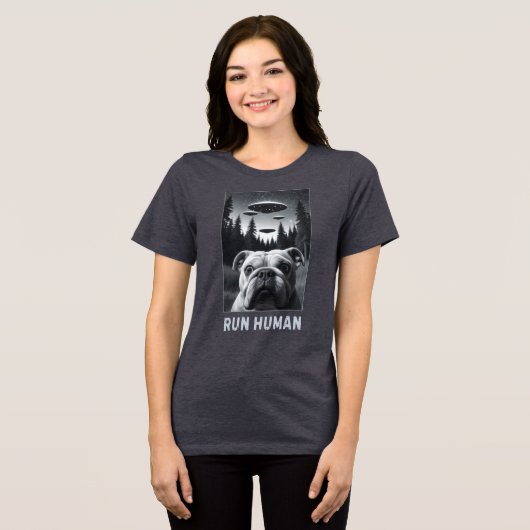 Bulldog Selfie UFO Fun Quirky Gift Tri-Blend Shirt (Voorkant volledig)