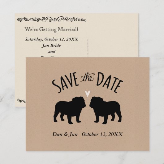 Bulldog Silhouetten Bruiloft Save the Date Aankondigingskaart (Voorkant / Achterkant)