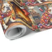 Bulldog Sitting by Fireplace with Christmas Lights Cadeaupapier (Rol Hoek)
