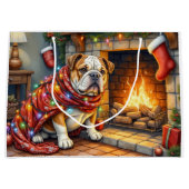 Bulldog Sitting by Fireplace with Christmas Lights Groot Cadeauzakje (Voorkant)
