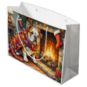 Bulldog Sitting by Fireplace with Christmas Lights Groot Cadeauzakje (Achterkant Gekanteld)