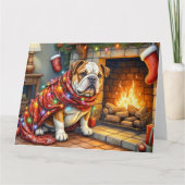 Bulldog Sitting by Fireplace with Christmas Lights Kaart (Voorkant)