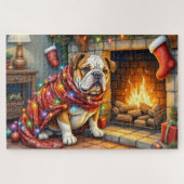 Bulldog Sitting by Fireplace with Christmas Lights Legpuzzel (Horizontaal)