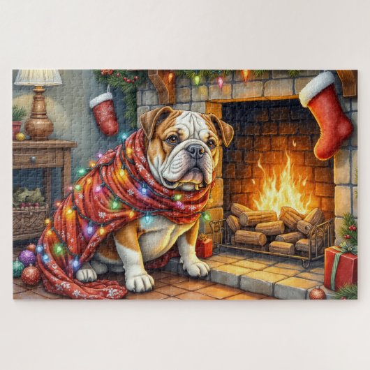 Bulldog Sitting by Fireplace with Christmas Lights Legpuzzel (Horizontaal)