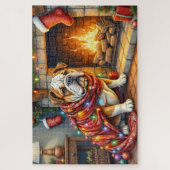 Bulldog Sitting by Fireplace with Christmas Lights Legpuzzel (Verticaal)