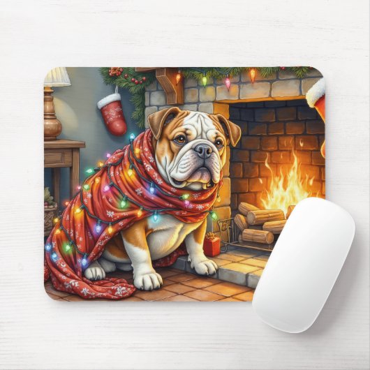 Bulldog Sitting by Fireplace with Christmas Lights Muismat (Met muis)