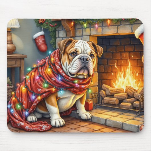 Bulldog Sitting by Fireplace with Christmas Lights Muismat (Voorkant)