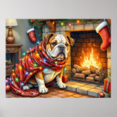 Bulldog Sitting by Fireplace with Christmas Lights Poster (Voorkant)