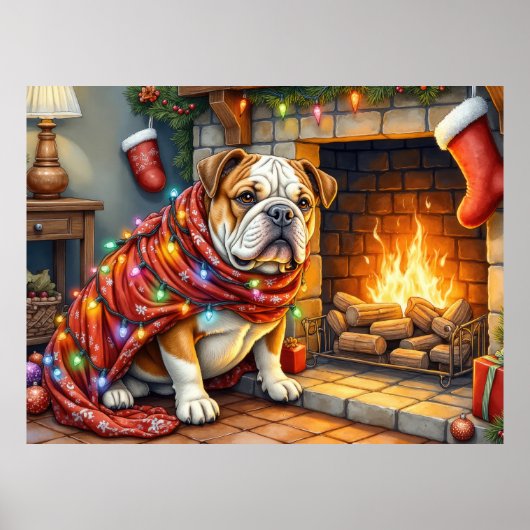 Bulldog Sitting by Fireplace with Christmas Lights Poster (Voorkant)