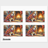 Bulldog Sitting by Fireplace with Christmas Lights Rechthoekige Sticker (Vel)