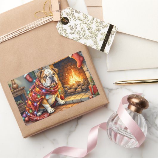 Bulldog Sitting by Fireplace with Christmas Lights Rechthoekige Sticker (Geschenken)