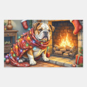 Bulldog Sitting by Fireplace with Christmas Lights Rechthoekige Sticker (Voorkant)