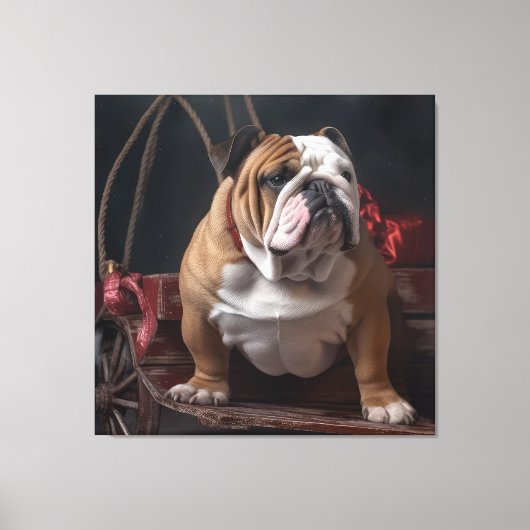 Bulldog Snowy Sleigh Kerst Decor Canvas Afdruk (Voorkant)